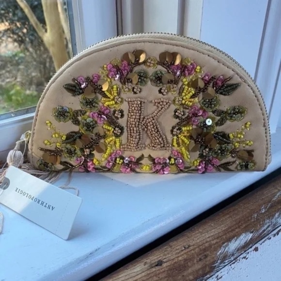 NWT Anthropologie Leather Beaded Monogram Clutch Letter K - Picture 2 of 4